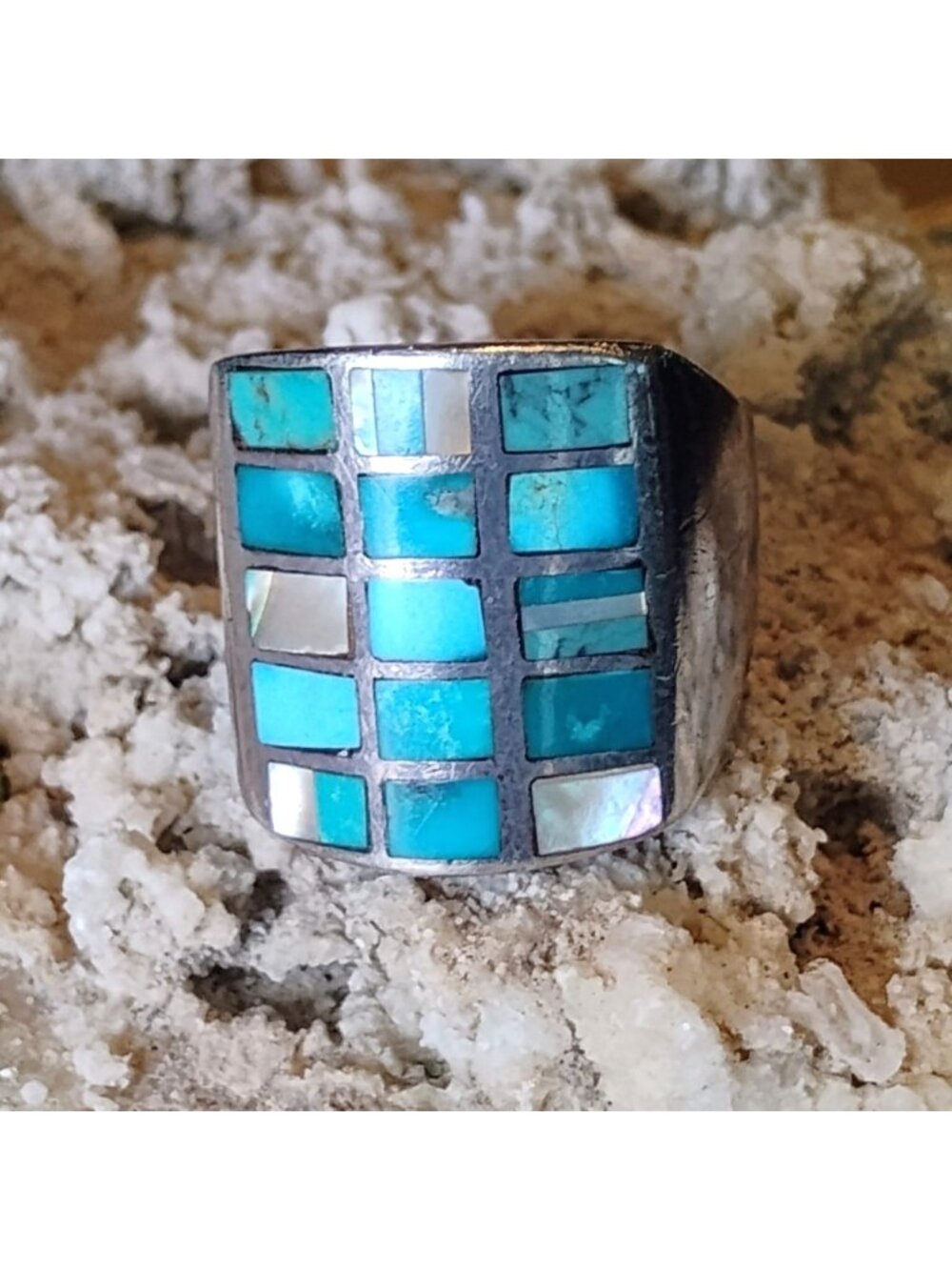 Vtg Zuni Sterling Silver Channel Inlay Turquoise Mother of Pearl Ring Size 9